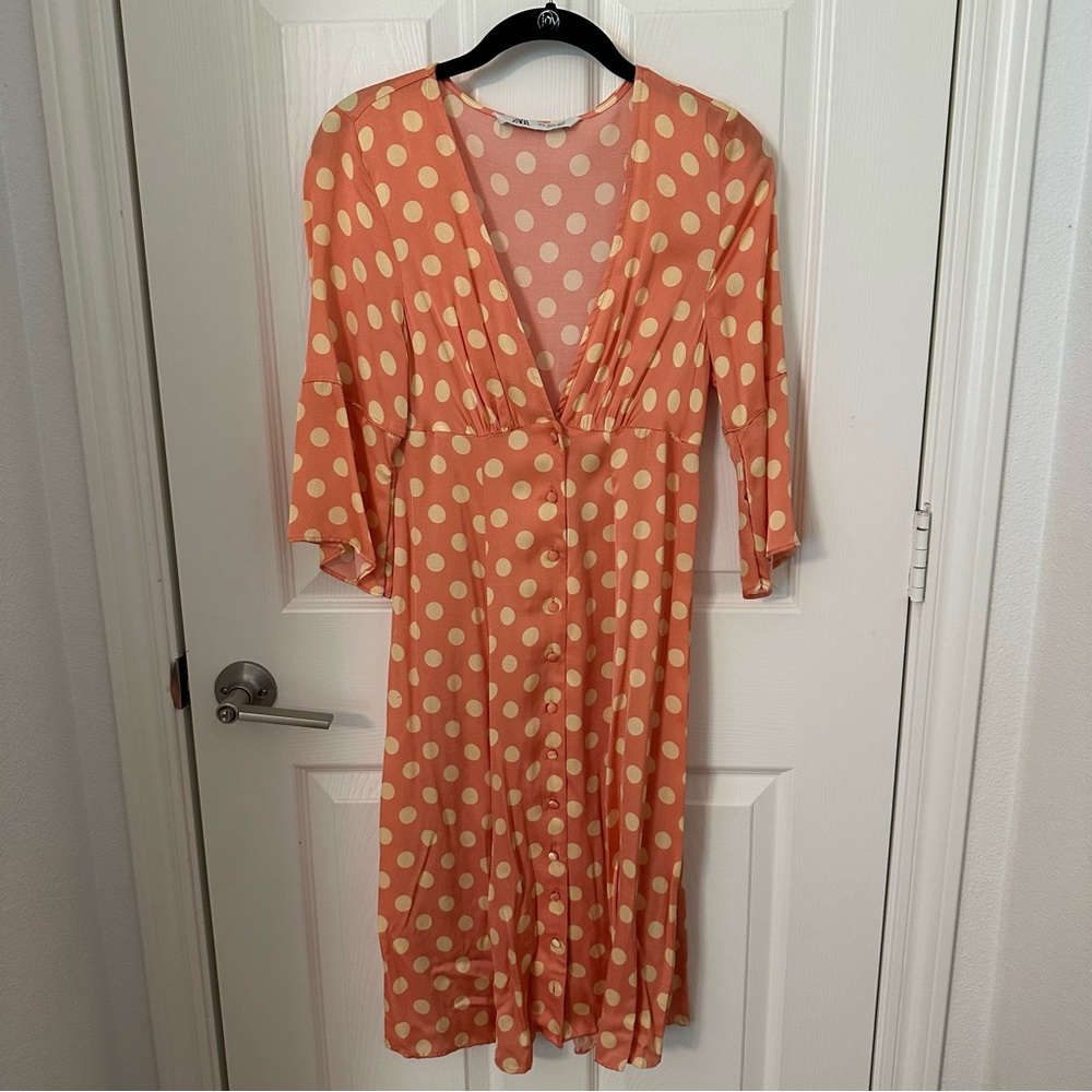 Zara Orange and Cream Satin Polka Dot Fit & Flare Midi Dress Size S